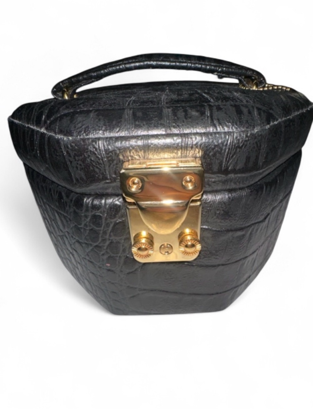 Black Croc-Texture Top Handle Jewelry Case with Gold Hardware